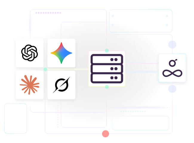 Logos of popular LLMs connected to the Resource Guru logo via a server.