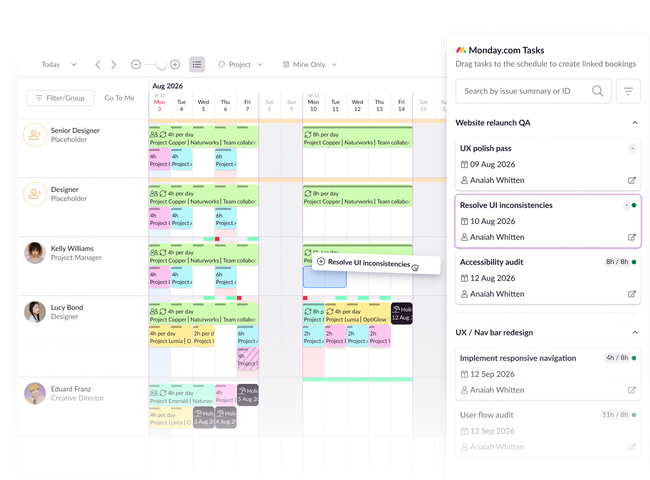 Creating a booking from a monday.com task via drag and drop on Resource Guru.
