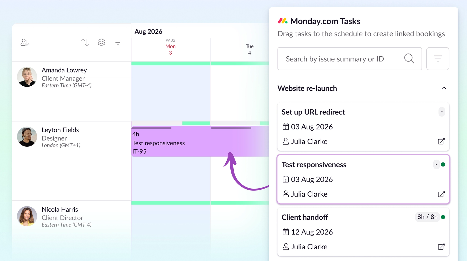 Dragging monday.com tasks onto the Resource Guru schedule.