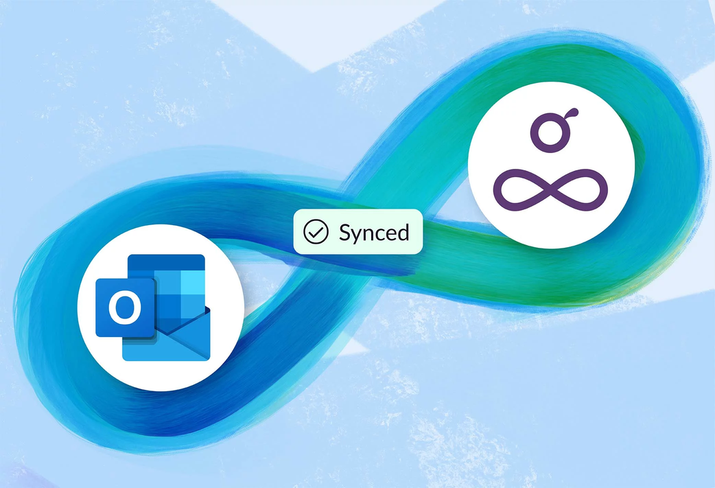 The Outlook Calendar logo and the Resource Guru logo hugged by an infinity symbol with a “Synced” badge at the intersection of the symbol.