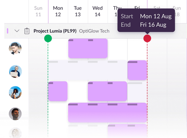 A project schedule with project start and end dates