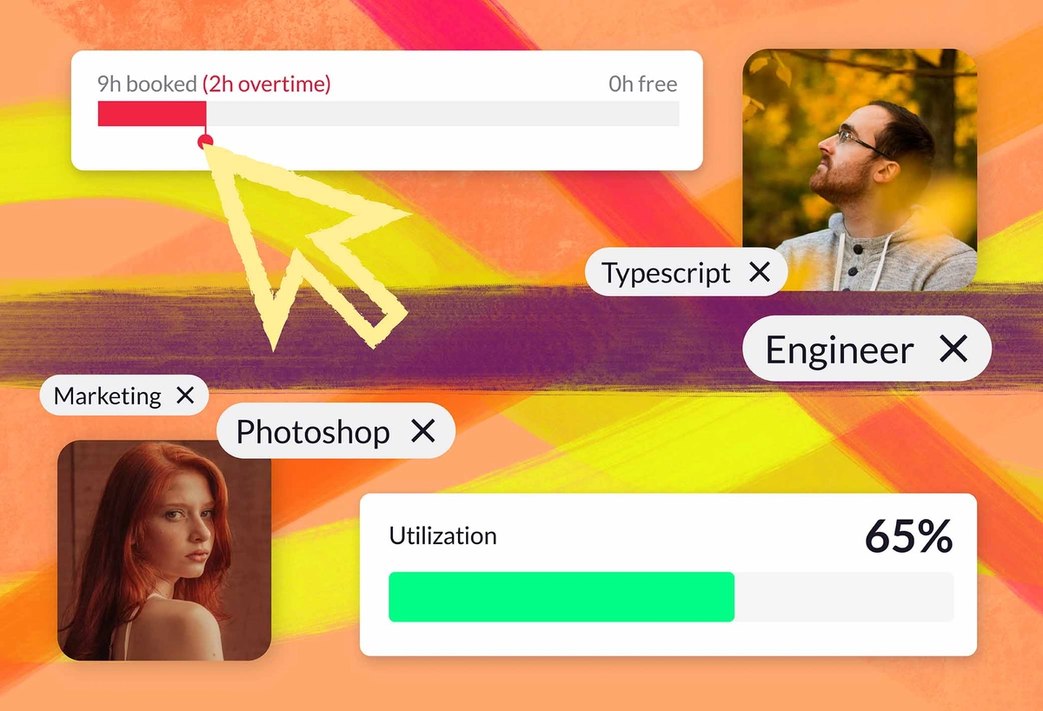 Top of the frame: availability graph shows someone is booked for 9 hours, 2 of which are overtime. Midpoint of the frame: UI labels for different skills— Typescript, Engineer, Photoshop, and Marketing. Bottom of the frame: utilization indicator showing 65% utilization. Flanking these elements is a large cursor, and two people’s headshots.