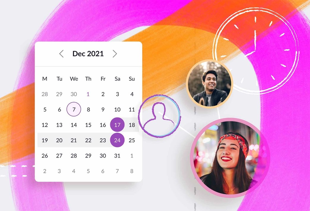Icons of people flanked by a time picker and an illustration of a clock.
