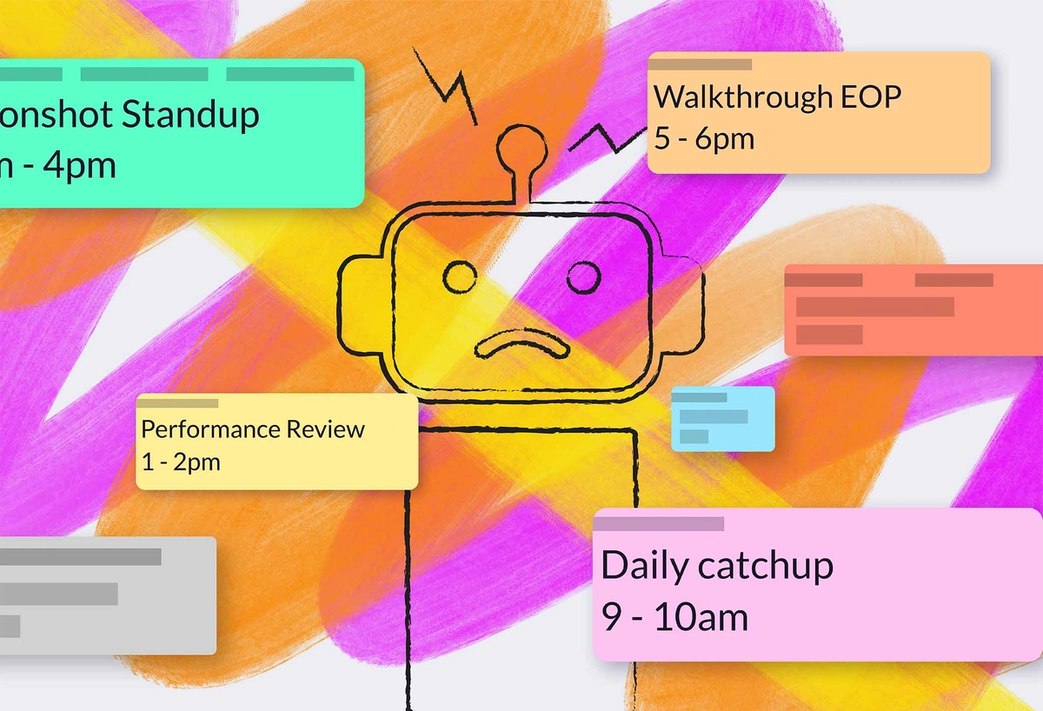 A robot surrounded by many bookings looking very frazzled.