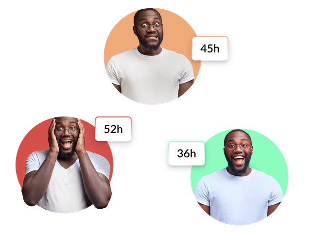 Three circles with a man in each displaying a worried, surprised, and happy facial expression